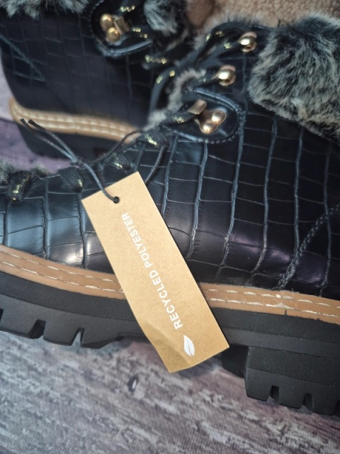 Anna Field lakierowane czarne botki z futerkiem ocieplane damskie sznurowane 37 24cm